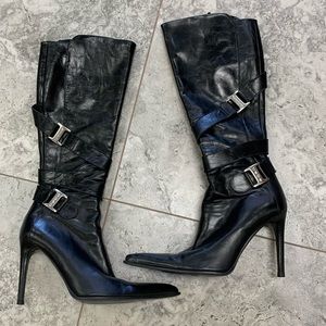 bebe Black Leather Pointed-Toe Stiletto Knee-High Boots with Buckle Straps